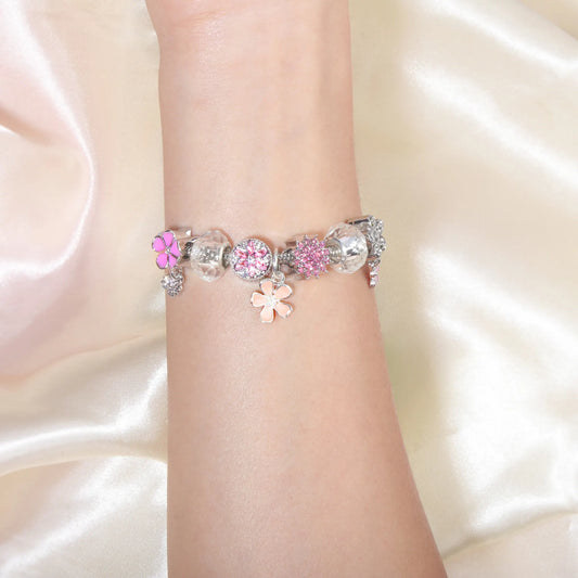 Pink Rhinestone Glass Enamel Bead Bracelet with Magnolia Pendant(17cm) - Image 2