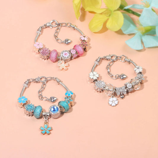 Pink Rhinestone Glass Enamel Bead Bracelet with Magnolia Pendant(20cm) - Image 3