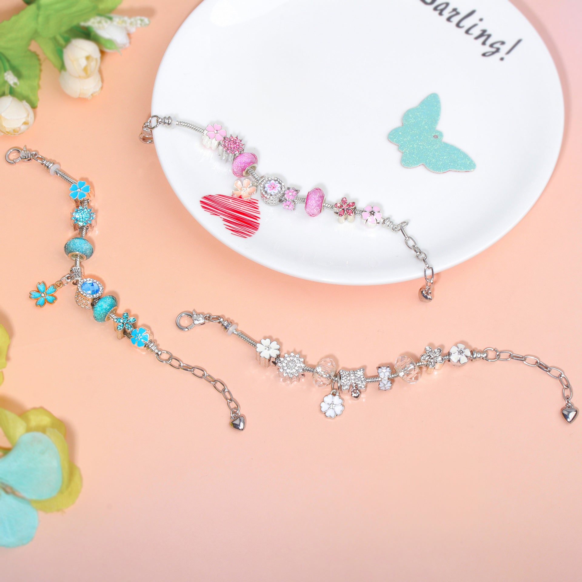 Pink Rhinestone Glass Enamel Bead Bracelet with Magnolia Pendant(20cm) - Image 5