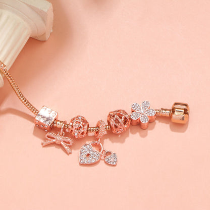 Hollow Out Crystal Flower Heart Bow Charm Bracelet(rose gold,17cm) - Image 2