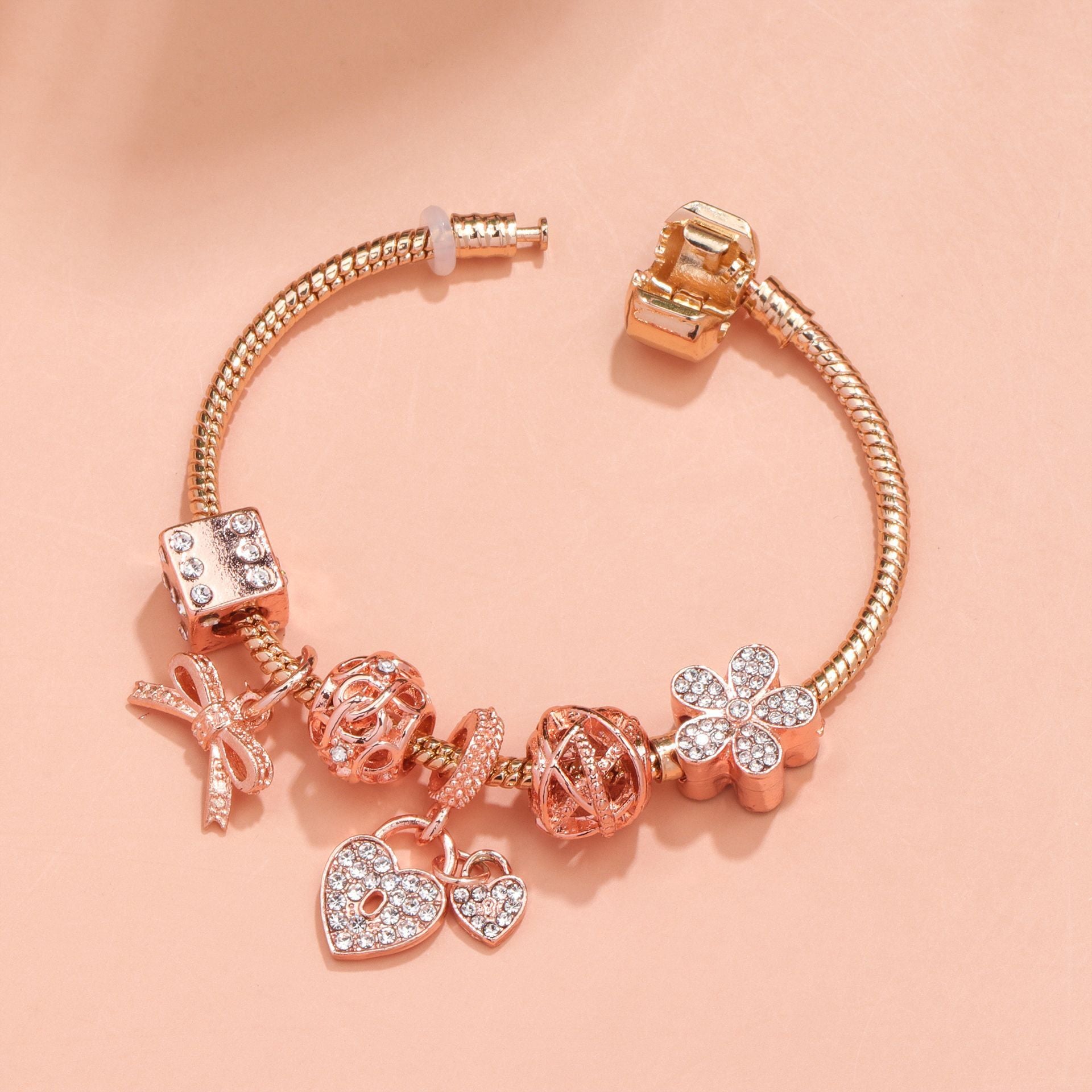 Hollow Out Crystal Flower Heart Bow Charm Bracelet(rose gold,18cm) - Image 3
