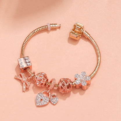 Hollow Out Crystal Flower Heart Bow Charm Bracelet(rose gold,19cm) - Image 3
