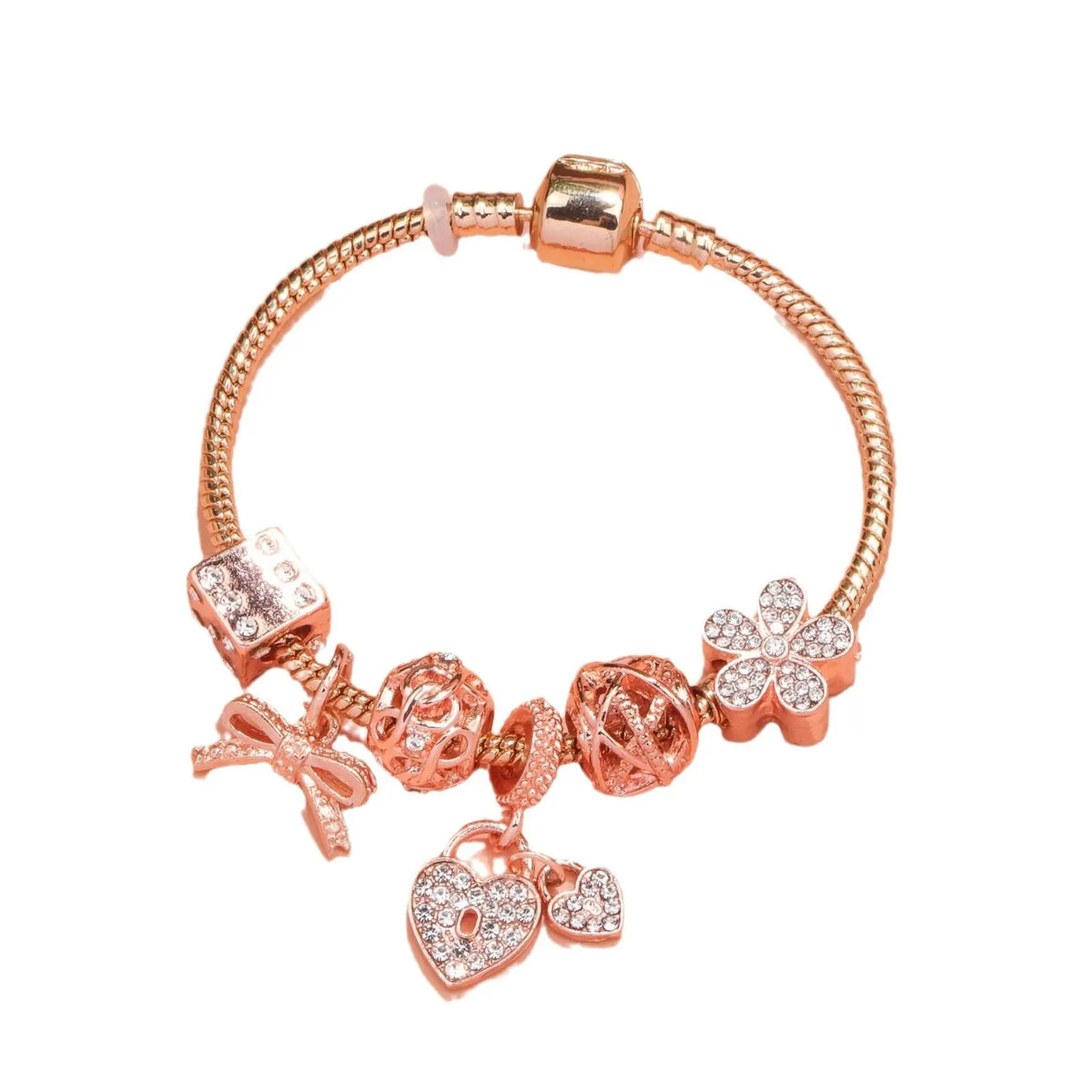 Hollow Out Crystal Flower Heart Bow Charm Bracelet(rose gold,20cm)