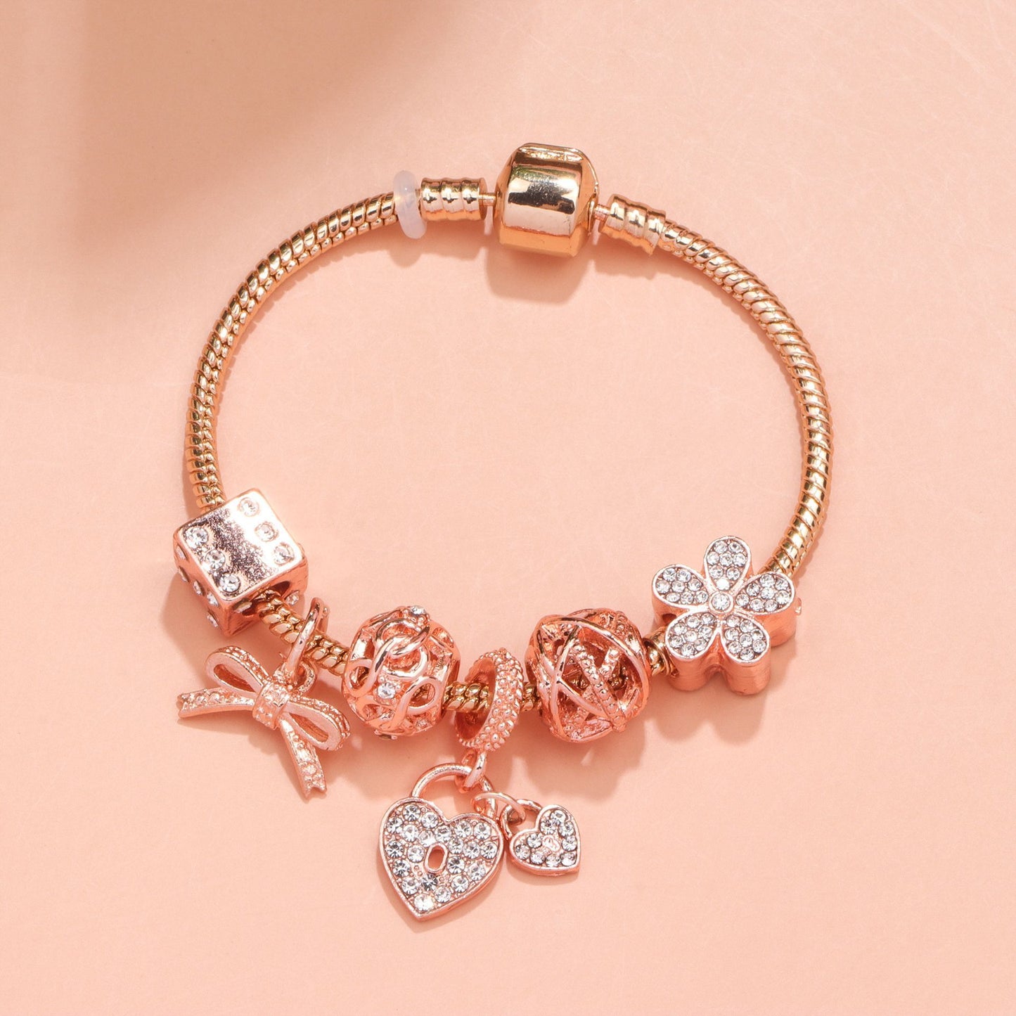 Hollow Out Crystal Flower Heart Bow Charm Bracelet(rose gold,21cm) - Image 4