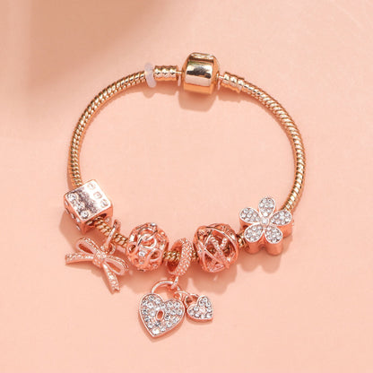 Hollow Out Crystal Flower Heart Bow Charm Bracelet(rose gold,21cm) - Image 4
