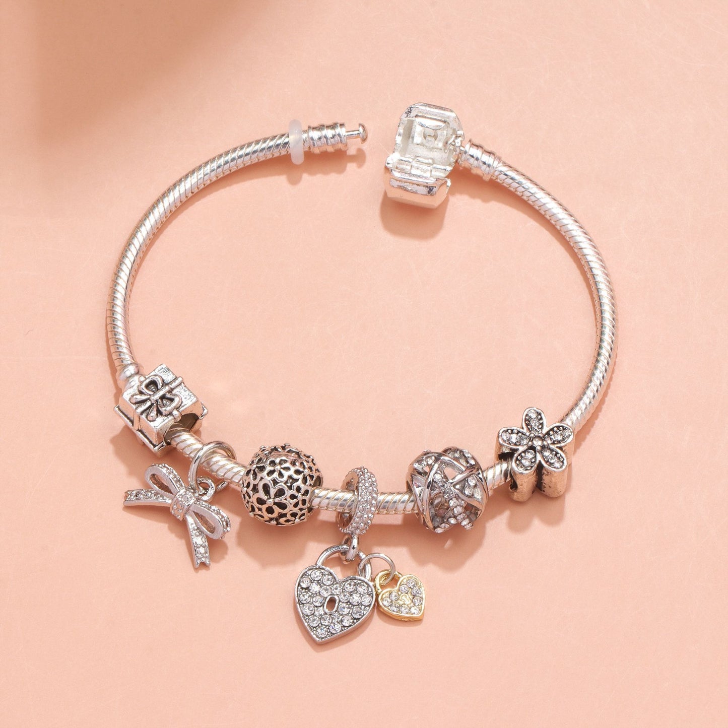 Hollow Out Crystal Flower Heart Bow Charm Bracelet(silver-toned,17cm) - Image 2