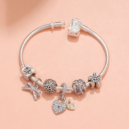 Hollow Out Crystal Flower Heart Bow Charm Bracelet(silver-toned,20cm) - Image 2