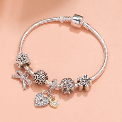 Hollow Out Crystal Flower Heart Bow Charm Bracelet(silver-toned,21cm)