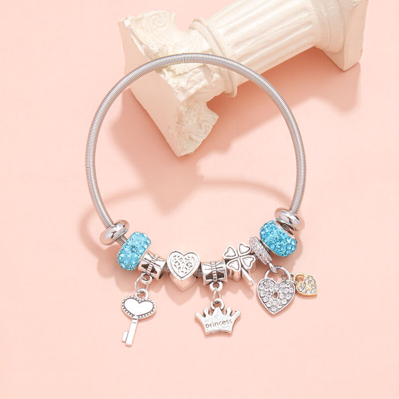 Charm Bracelet with Heart, Four-Leaf Clover & Rhinestone Beads(blue) - Image 2