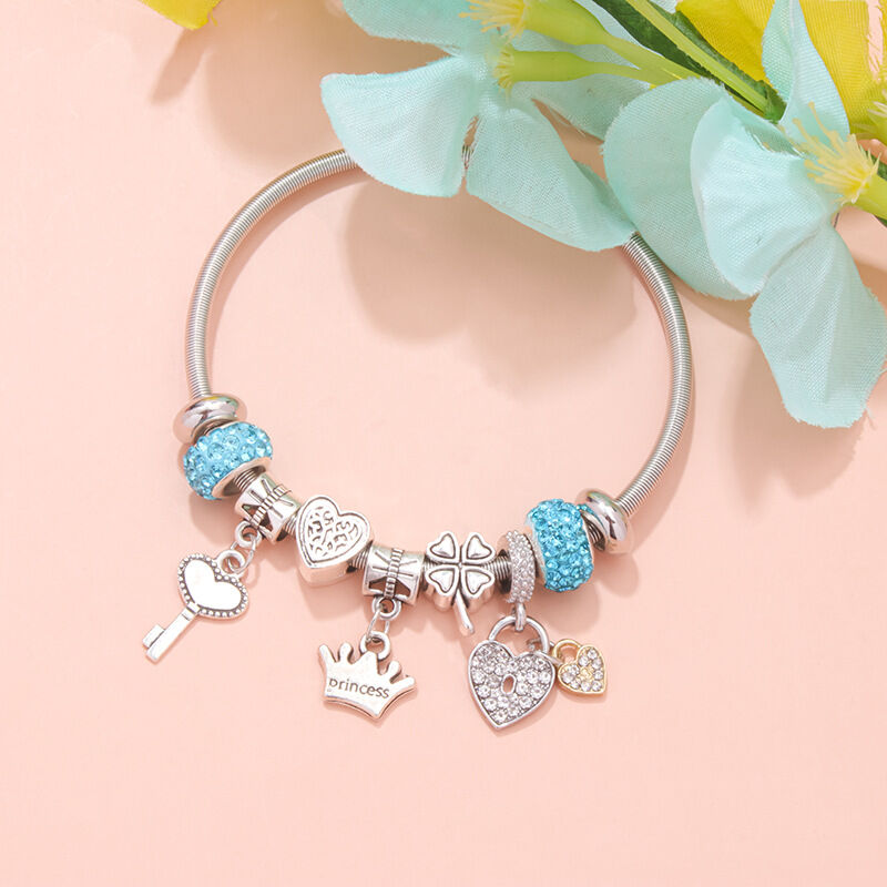 Charm Bracelet with Heart, Four-Leaf Clover & Rhinestone Beads(blue) - Image 3