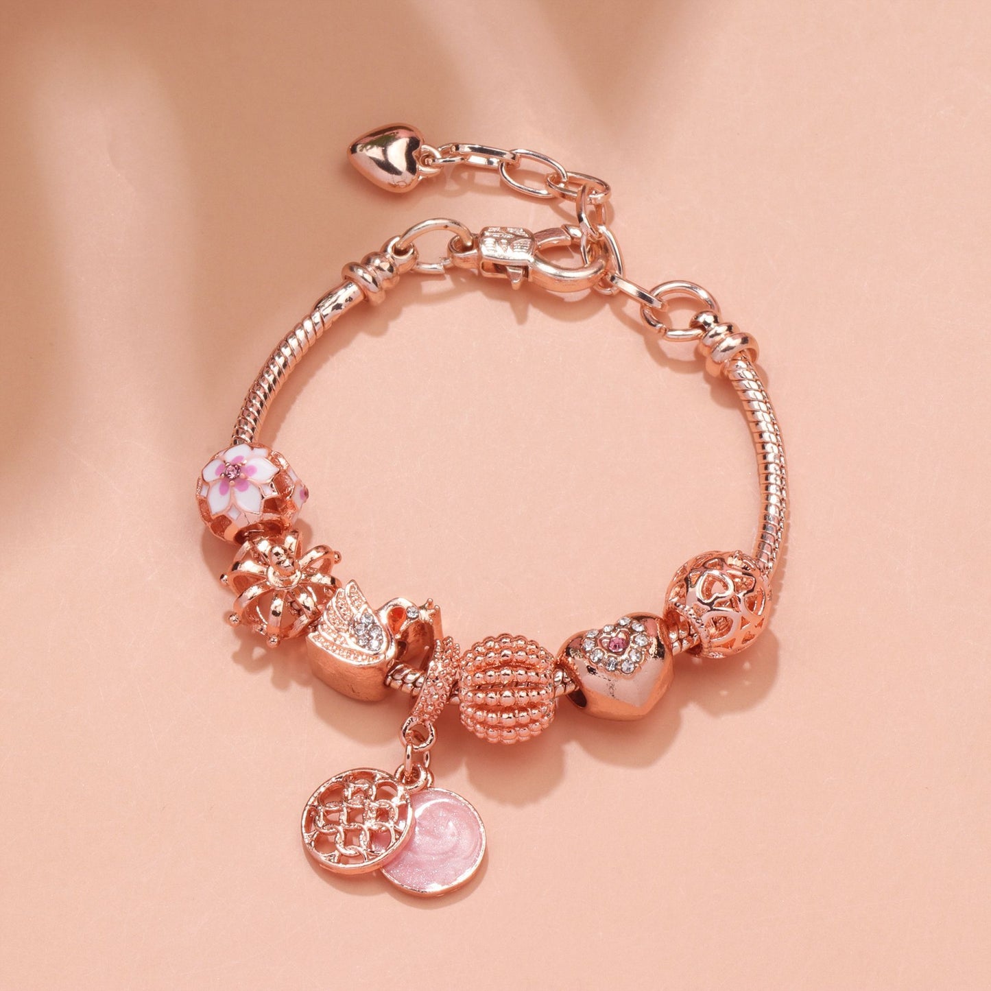 Hollow Crystal-Encrusted Swan Crown Flower Heart Bracelet(rose gold,17cm) - Image 5