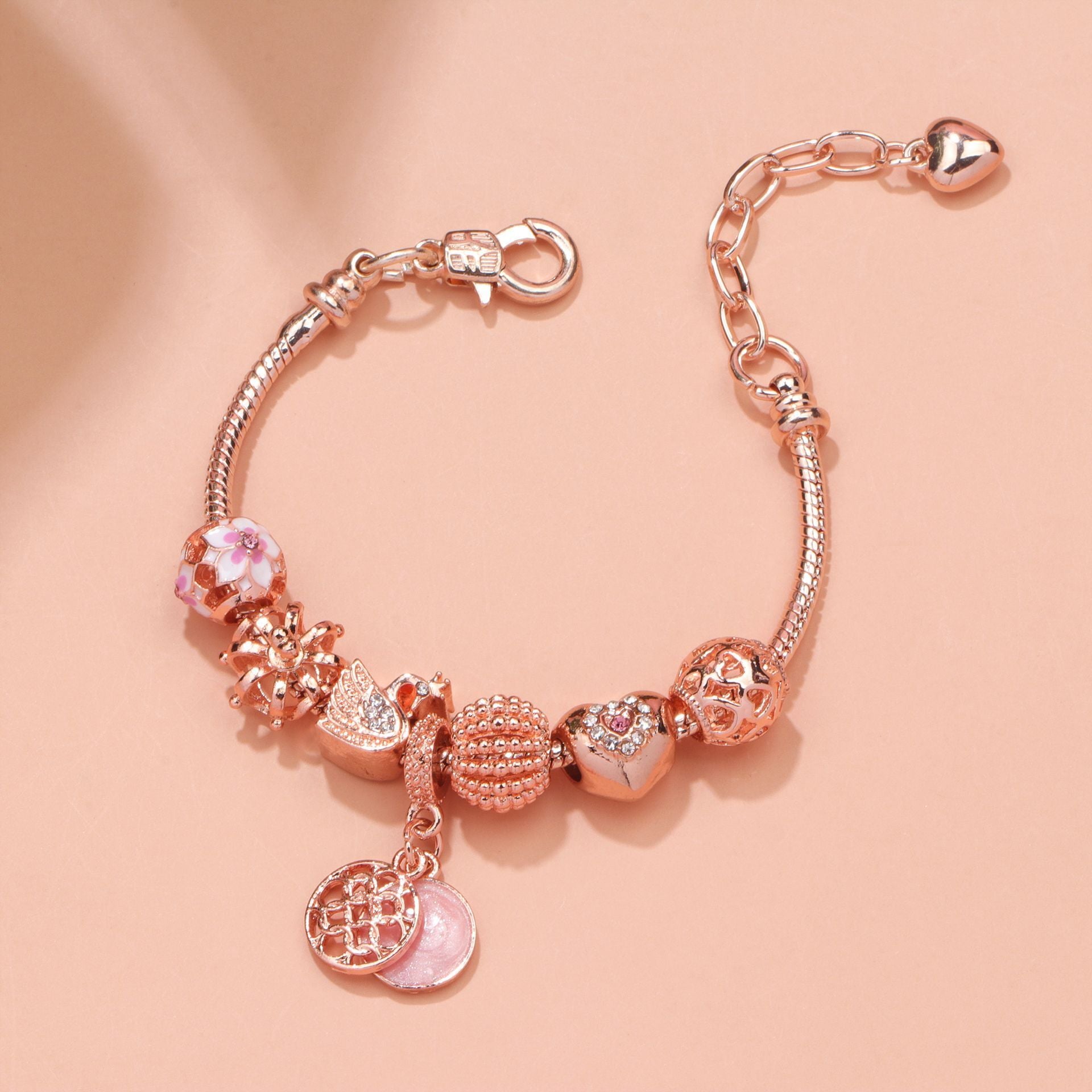 Hollow Crystal-Encrusted Swan Crown Flower Heart Bracelet(rose gold,18cm) - Image 3