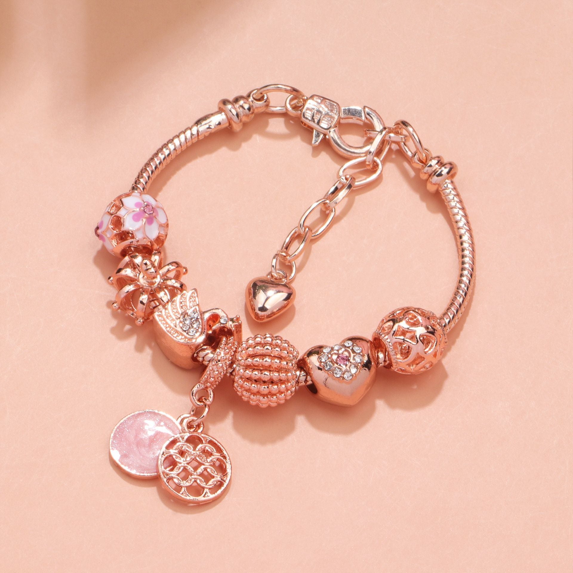 Hollow Crystal-Encrusted Swan Crown Flower Heart Bracelet(rose gold,18cm) - Image 6