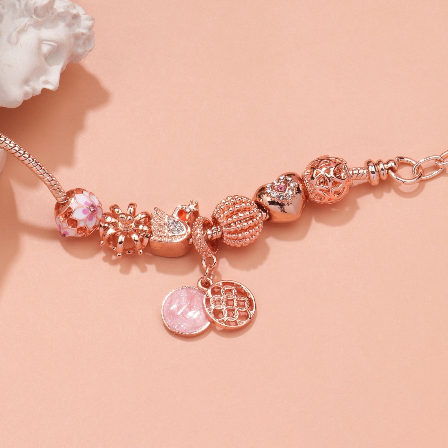 Hollow Crystal-Encrusted Swan Crown Flower Heart Bracelet(rose gold,19cm) - Image 2