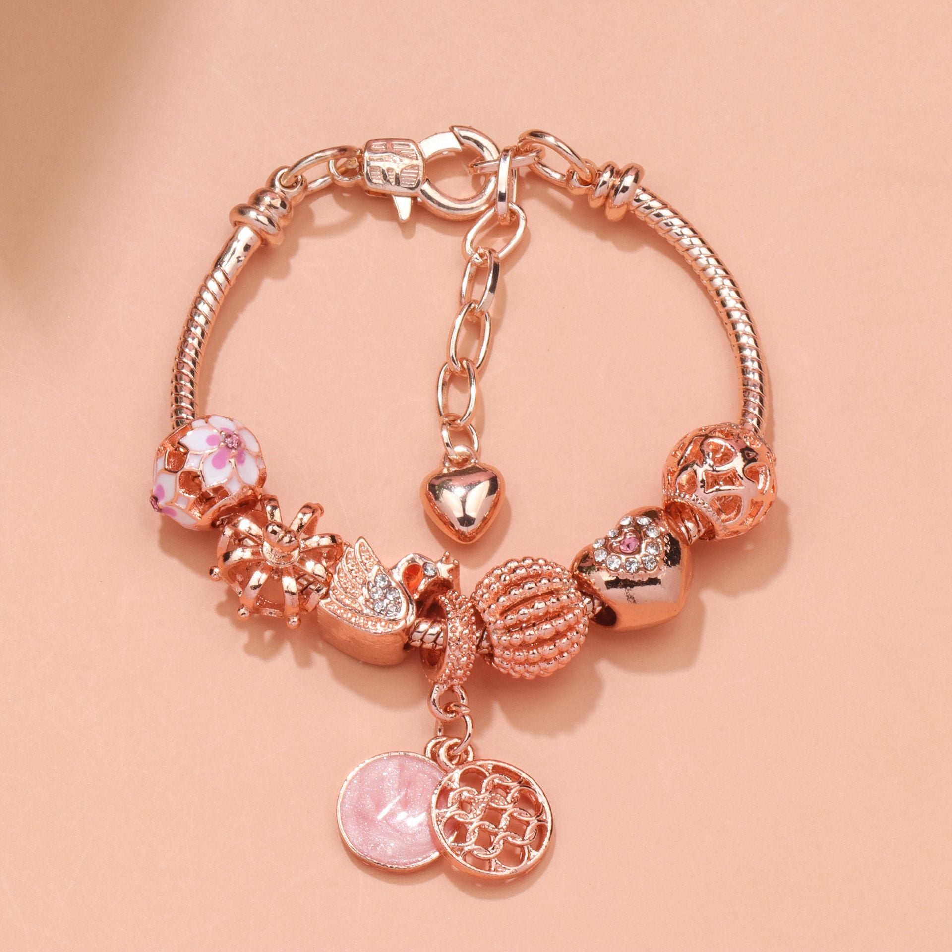 Hollow Crystal-Encrusted Swan Crown Flower Heart Bracelet(rose gold,19cm) - Image 4