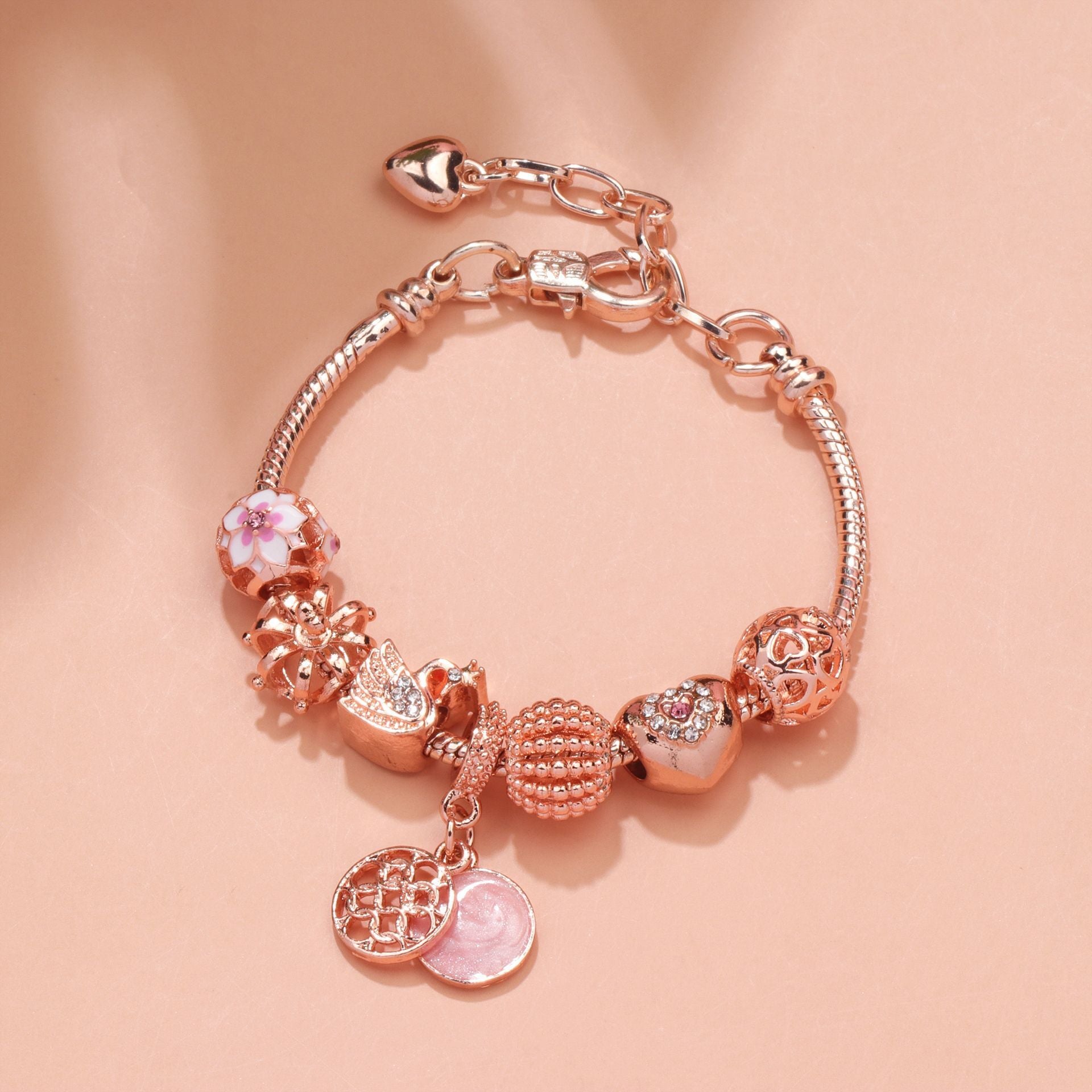 Hollow Crystal-Encrusted Swan Crown Flower Heart Bracelet(rose gold,19cm) - Image 5