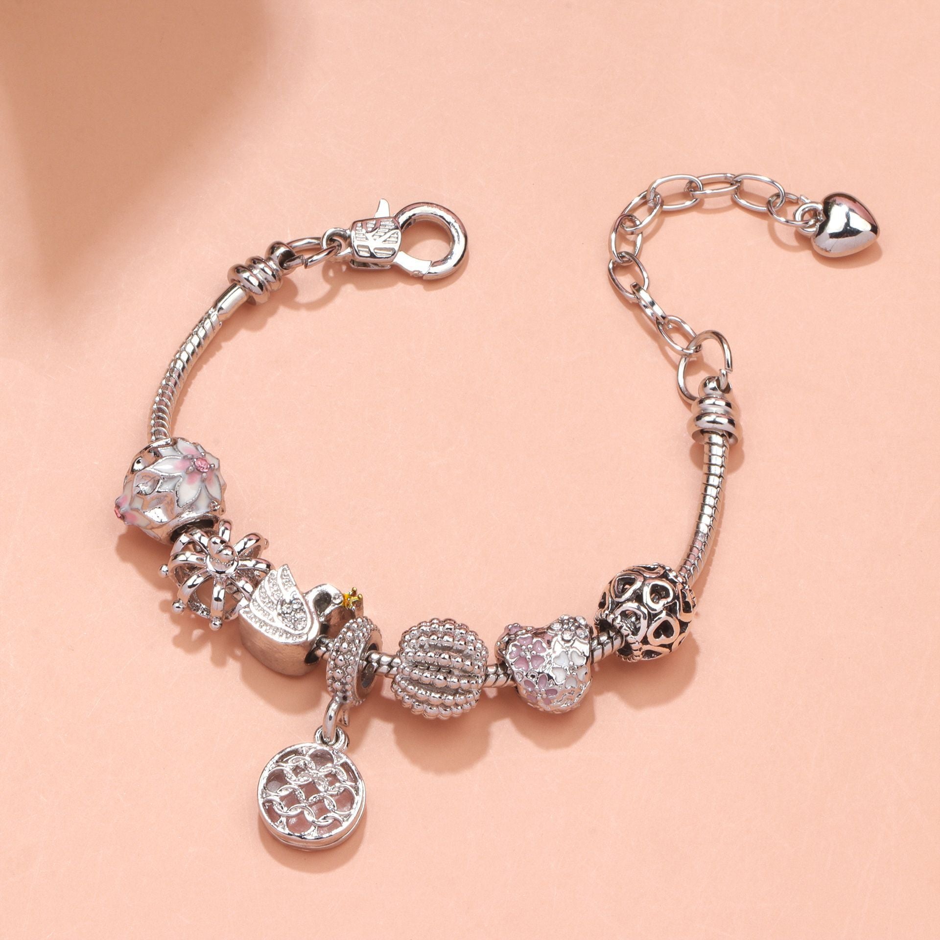 Hollow Crystal-Encrusted Swan Crown Flower Heart Bracelet(silver,18cm) - Image 4