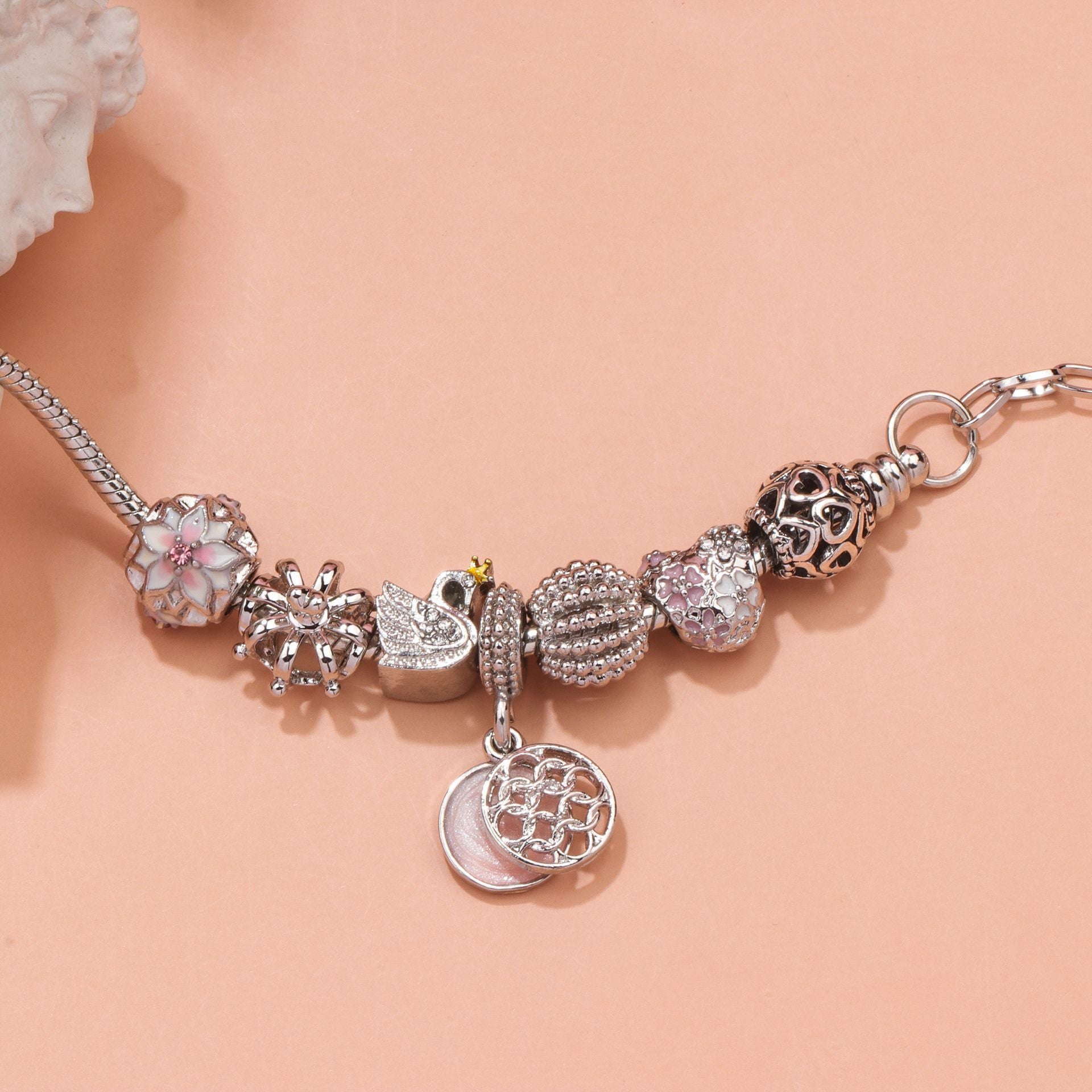 Hollow Crystal-Encrusted Swan Crown Flower Heart Bracelet(silver,20cm) - Image 2