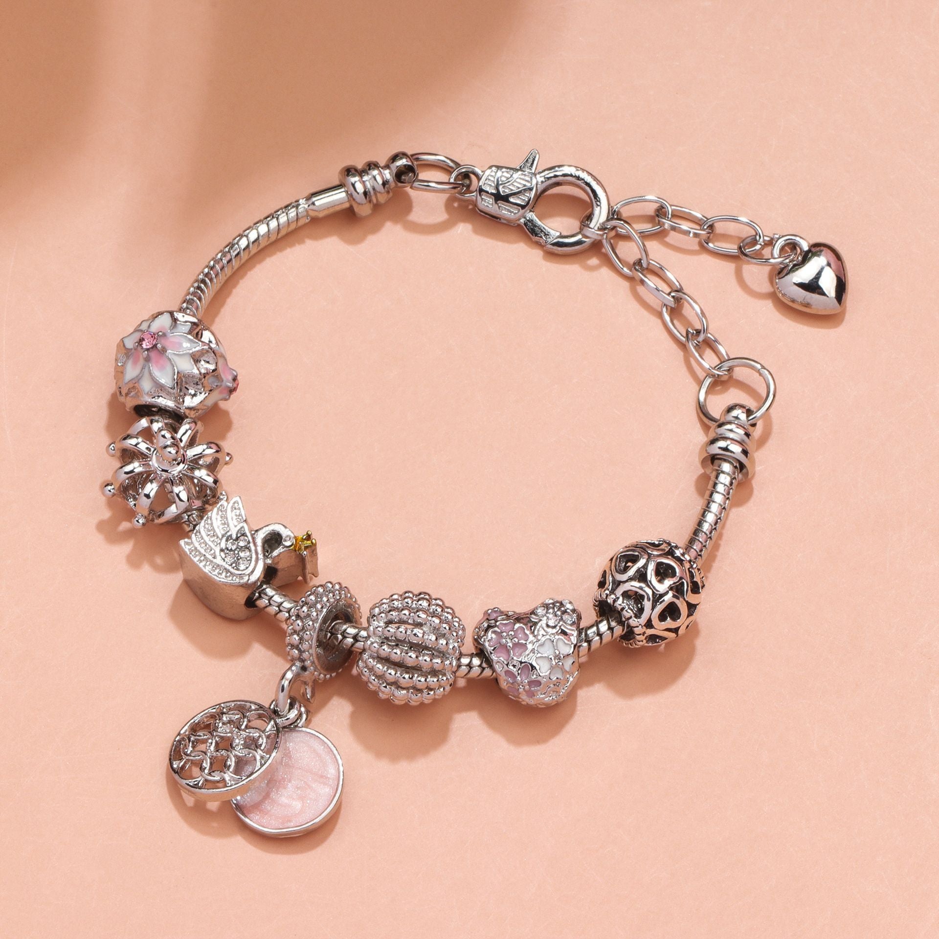 Hollow Crystal-Encrusted Swan Crown Flower Heart Bracelet(silver,20cm) - Image 3