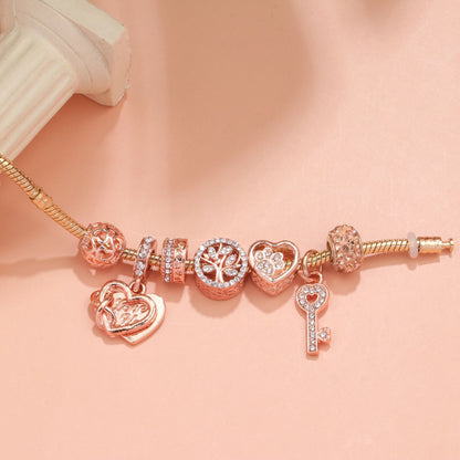 Crystal-studded Hollow Heart Key Tree of Life Bracelet(rose gold,17cm) - Image 2