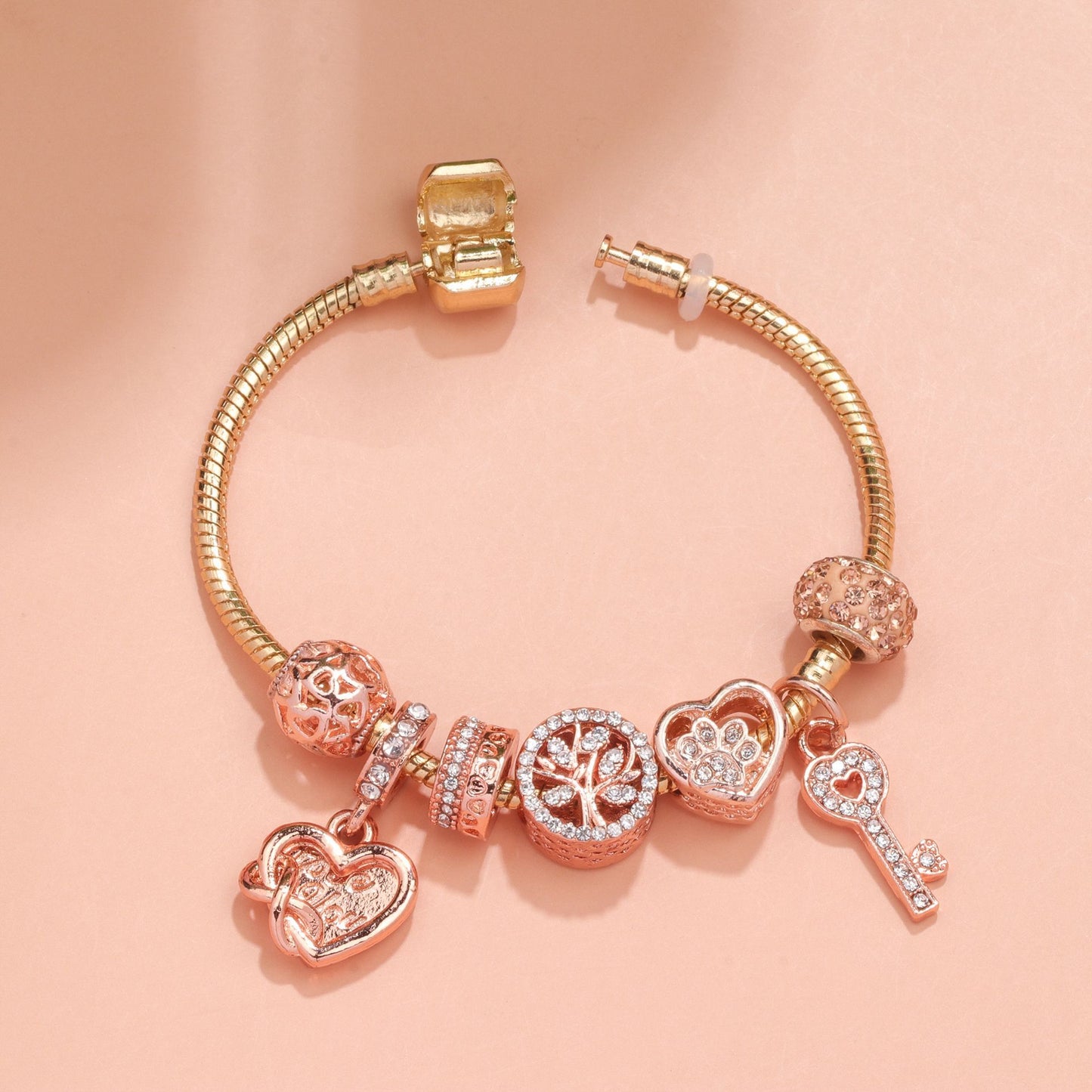 Crystal-studded Hollow Heart Key Tree of Life Bracelet(rose gold,17cm) - Image 3