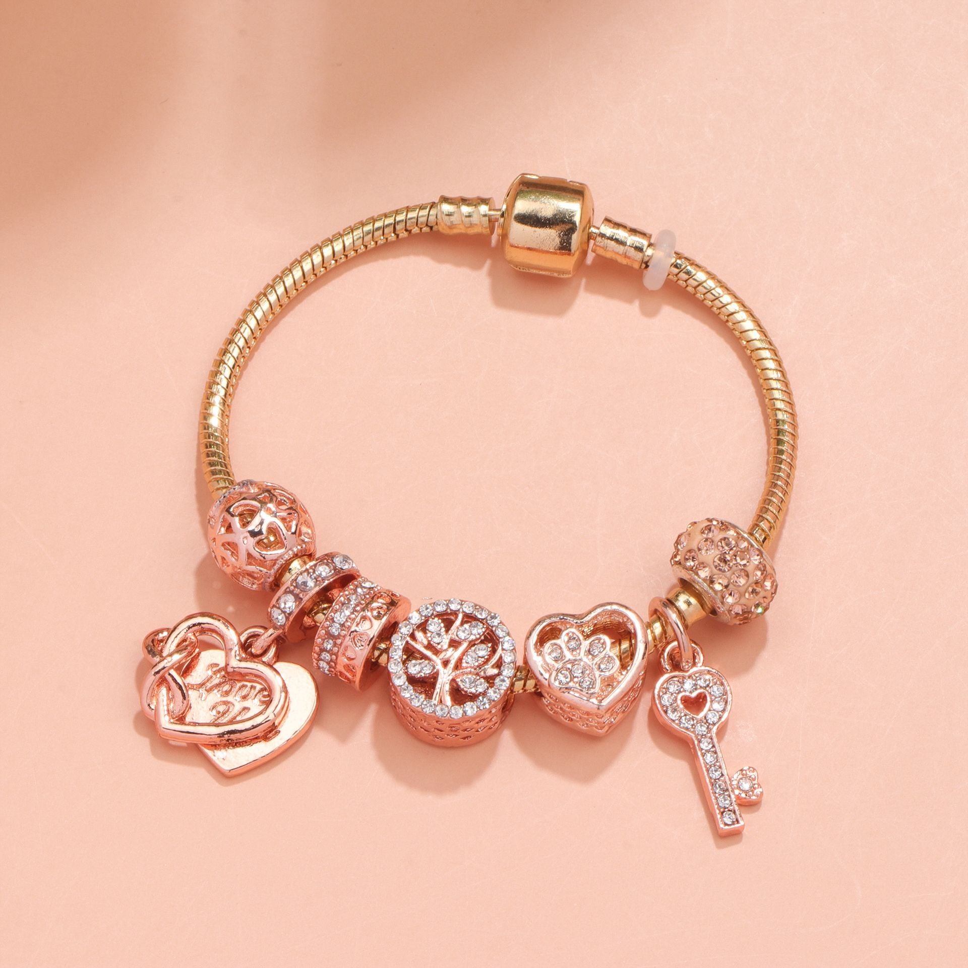 Crystal-studded Hollow Heart Key Tree of Life Bracelet(rose gold,17cm) - Image 5