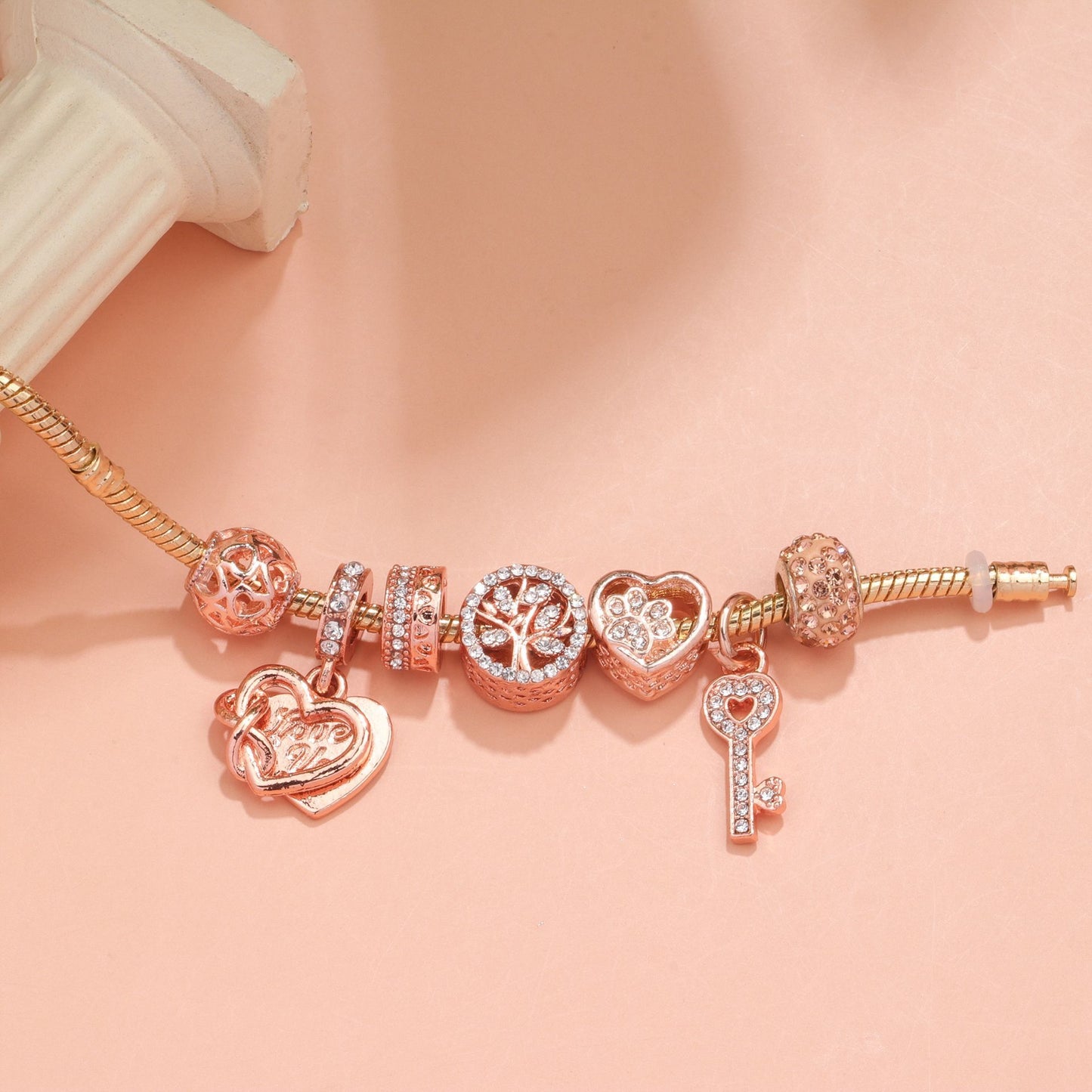 Crystal-studded Hollow Heart Key Tree of Life Bracelet(rose gold,18cm) - Image 2