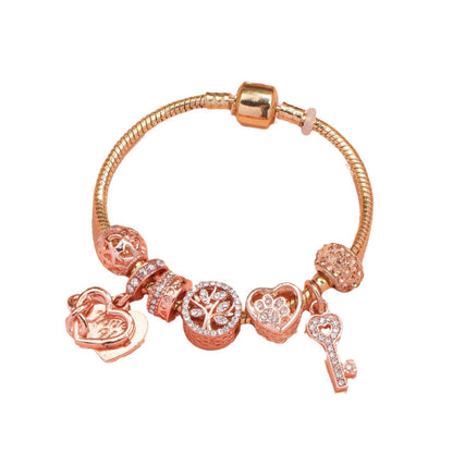 Crystal-studded Hollow Heart Key Tree of Life Bracelet(rose gold,19cm)