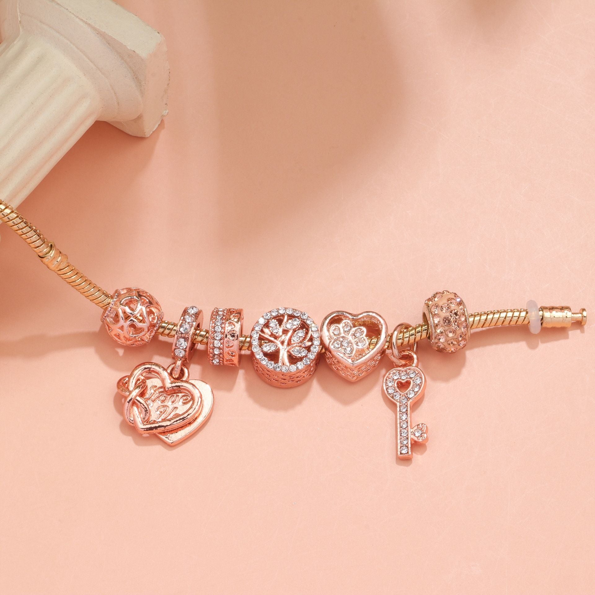 Crystal-studded Hollow Heart Key Tree of Life Bracelet(rose gold,20cm) - Image 2