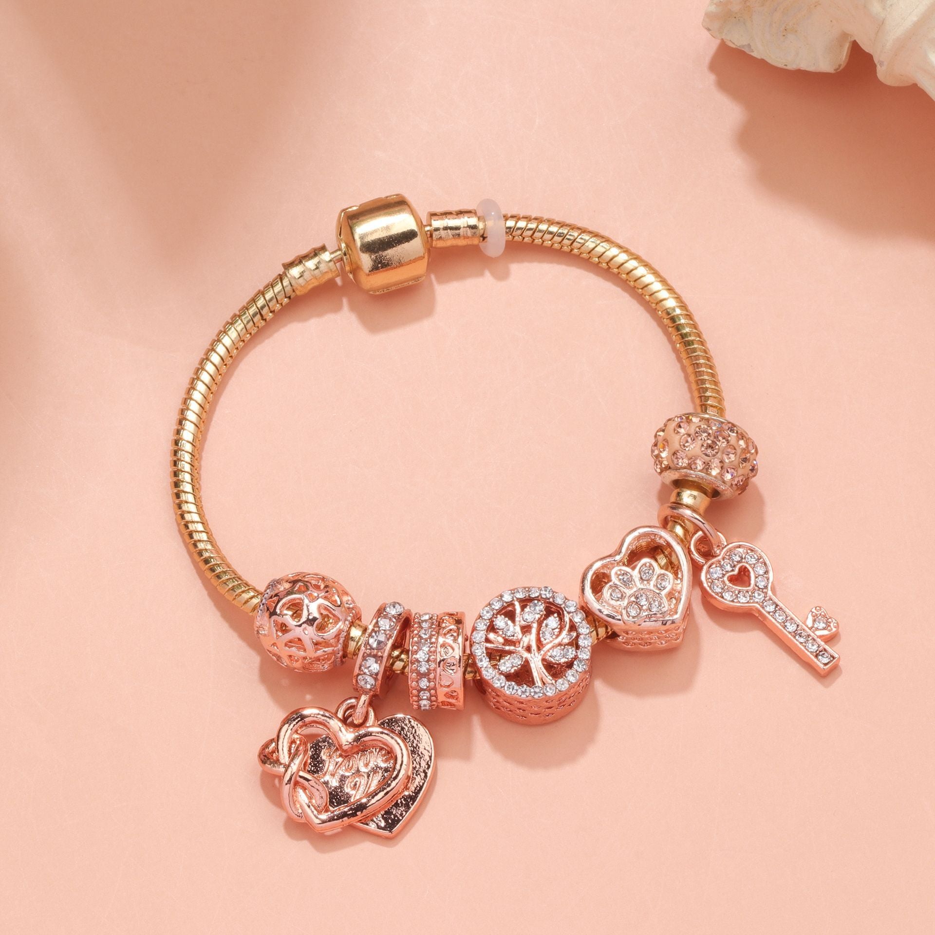Crystal-studded Hollow Heart Key Tree of Life Bracelet(rose gold,20cm) - Image 4