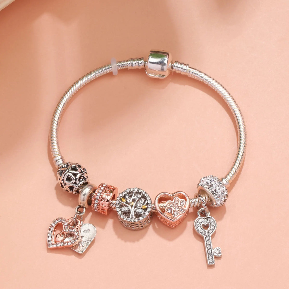 Crystal-studded Hollow Heart Key Tree of Life Bracelet(silver,20cm) - Image 3
