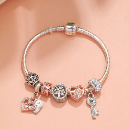 Crystal-studded Hollow Heart Key Tree of Life Bracelet(silver,20cm) - Image 3