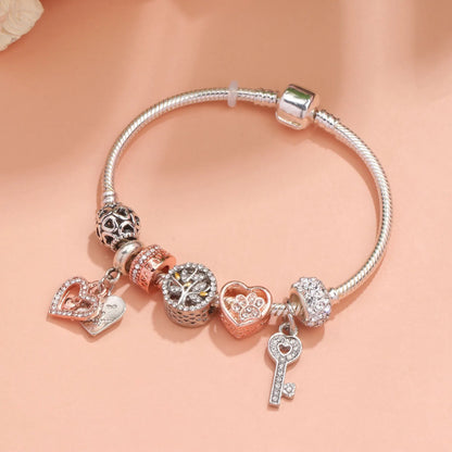 Crystal-studded Hollow Heart Key Tree of Life Bracelet(silver,20cm) - Image 4