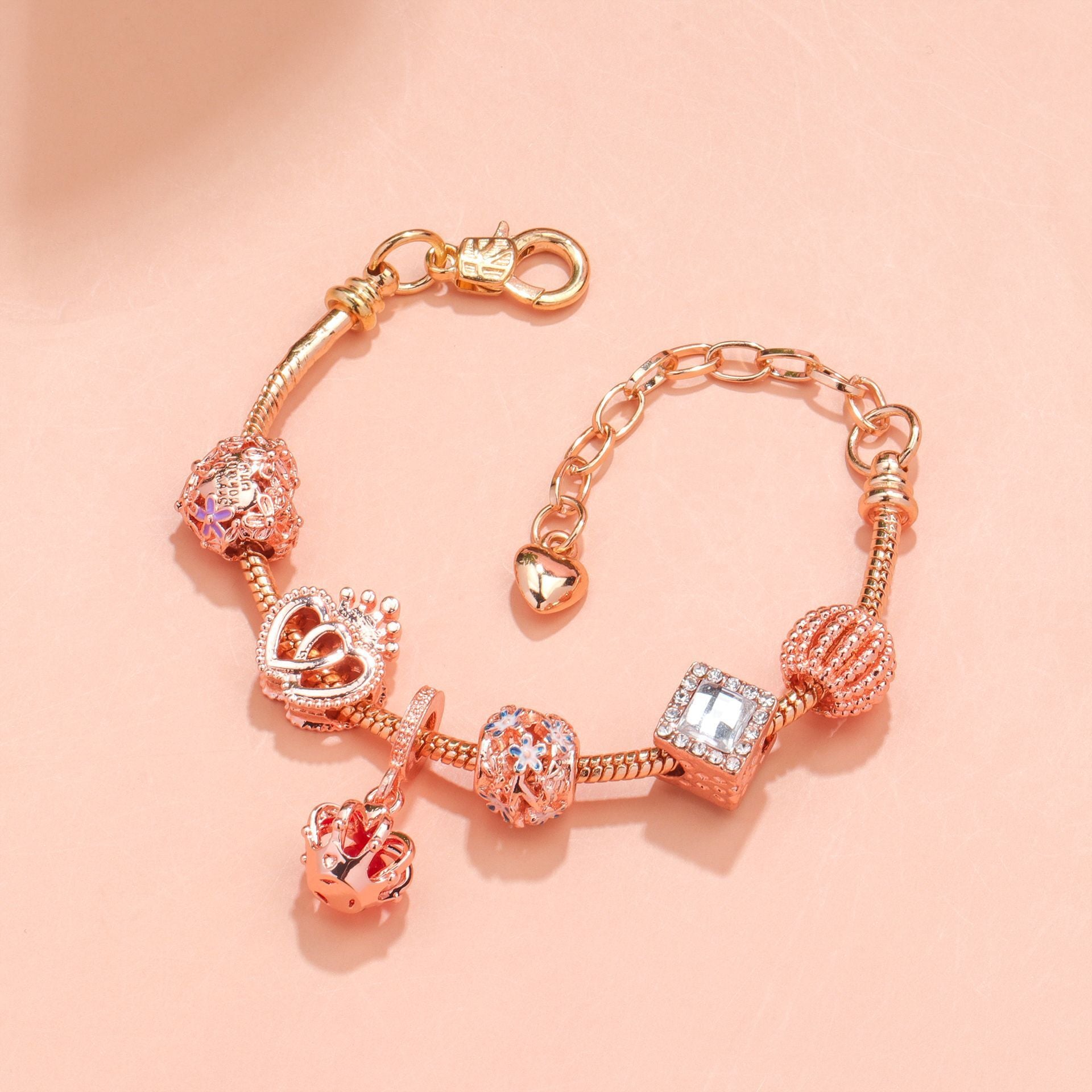 Hollow-out Rhinestone Heart Flower Charm Bracelet(rose gold,17cm) - Image 3