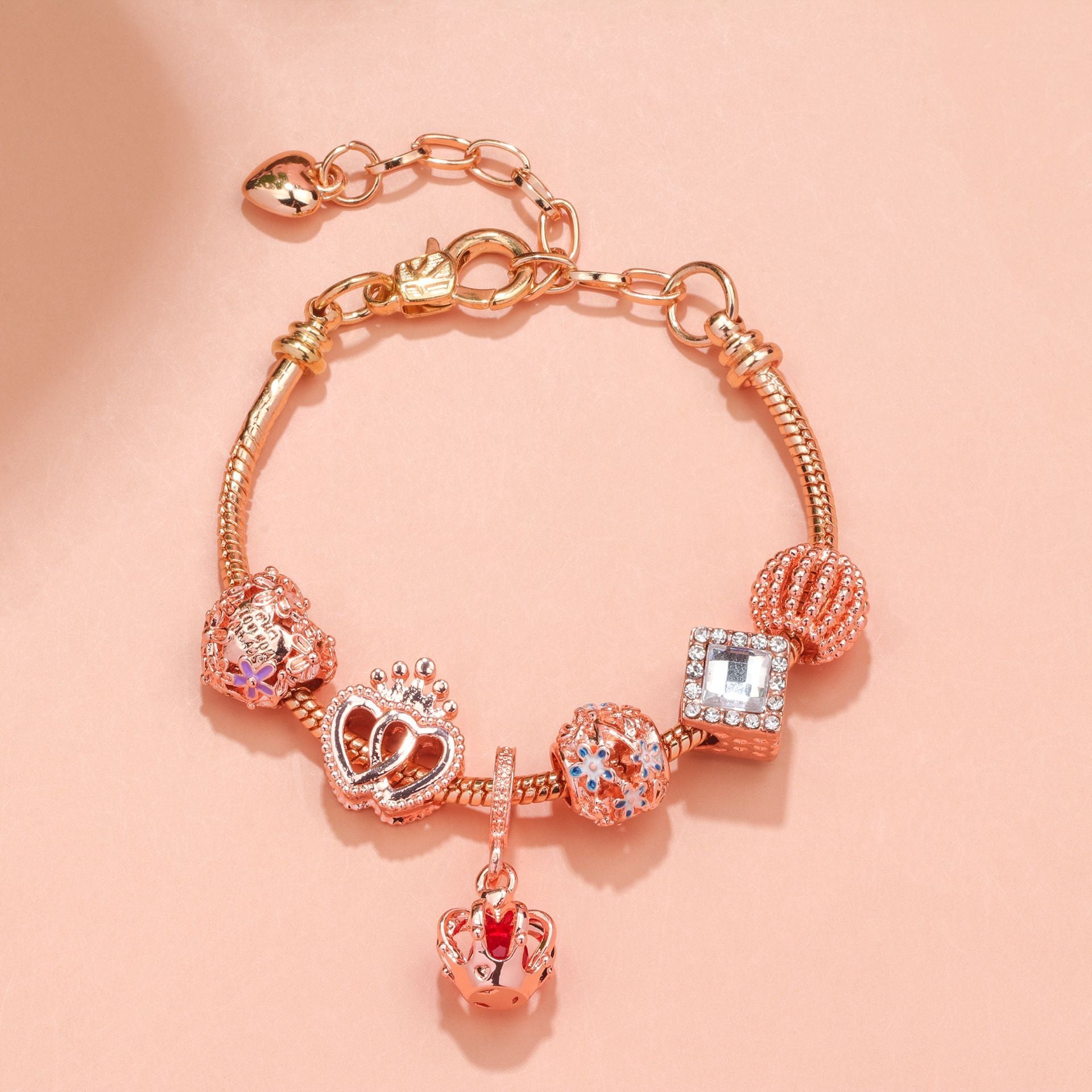 Hollow-out Rhinestone Heart Flower Charm Bracelet(rose gold,17cm) - Image 6