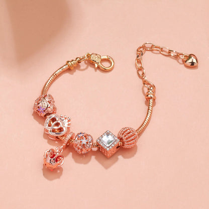 Hollow-out Rhinestone Heart Flower Charm Bracelet(rose gold,18cm) - Image 5