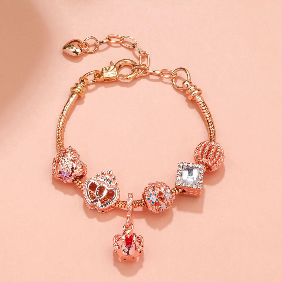 Hollow-out Rhinestone Heart Flower Charm Bracelet(rose gold,18cm) - Image 6