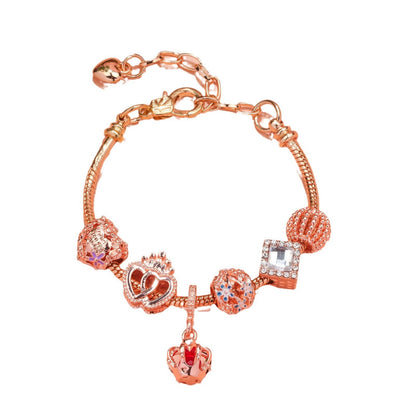 Hollow-out Rhinestone Heart Flower Charm Bracelet(rose gold,19cm)