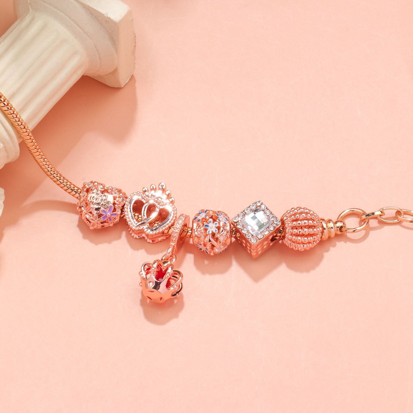 Hollow-out Rhinestone Heart Flower Charm Bracelet(rose gold,19cm) - Image 2