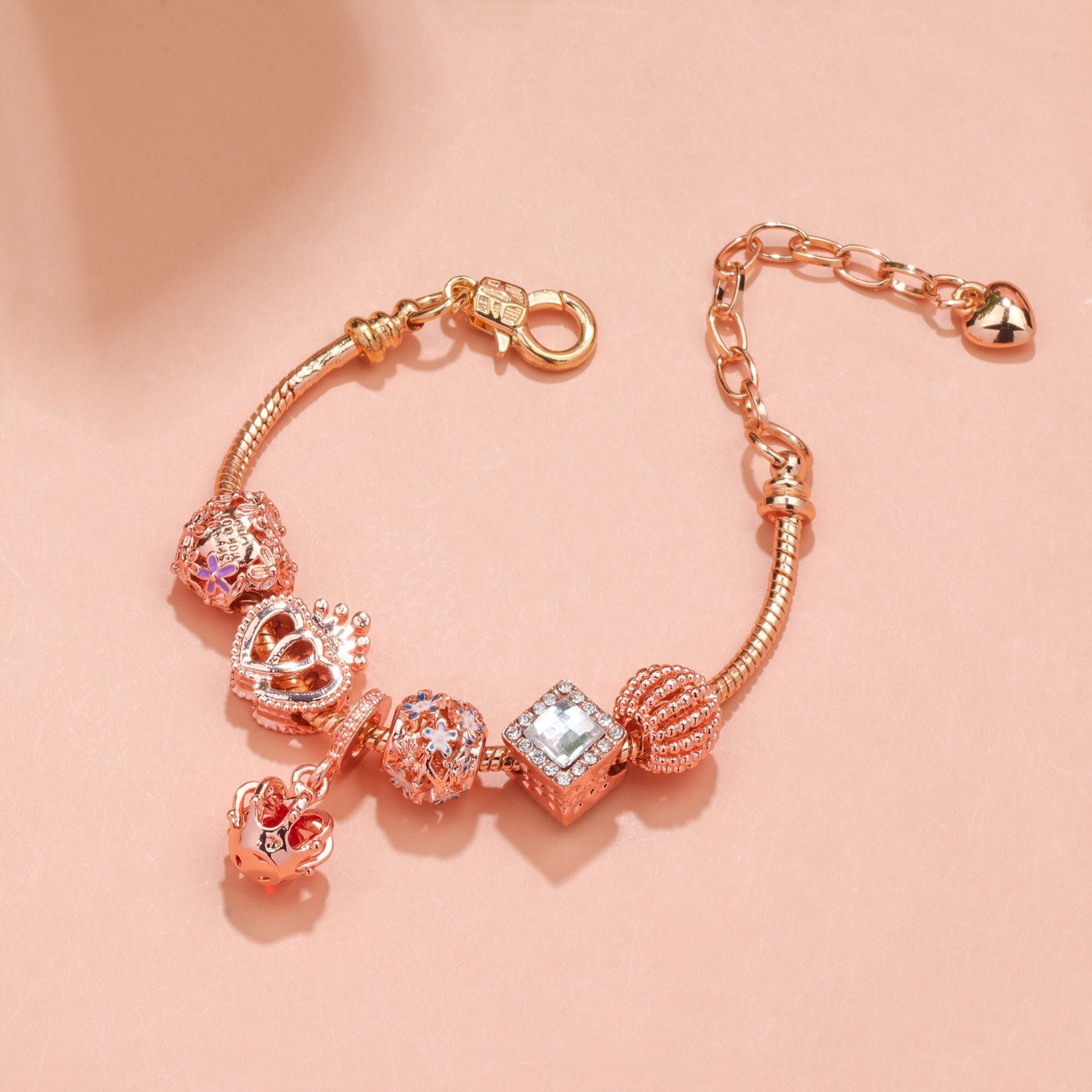 Hollow-out Rhinestone Heart Flower Charm Bracelet(rose gold,19cm) - Image 5