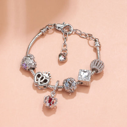 Hollow-out Rhinestone Heart Flower Charm Bracelet(Silver,16cm)