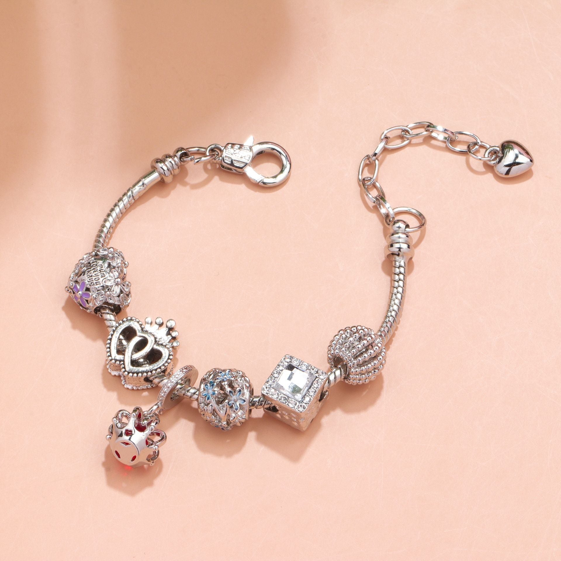 Hollow-out Rhinestone Heart Flower Charm Bracelet(Silver,16cm) - Image 2