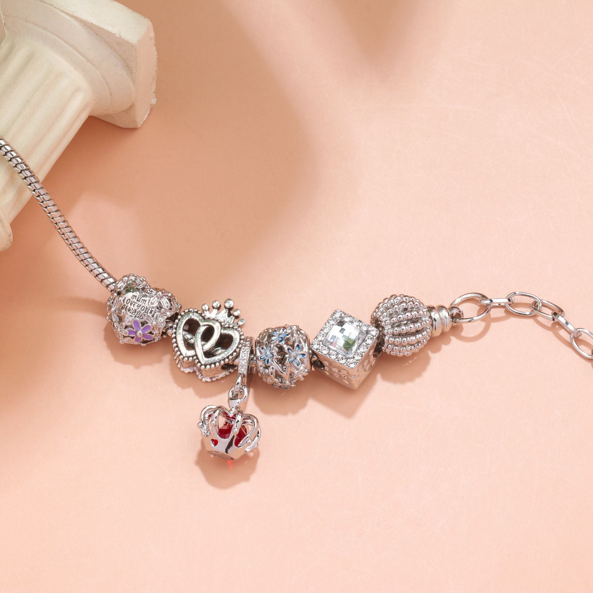Hollow-out Rhinestone Heart Flower Charm Bracelet(Silver,16cm) - Image 3