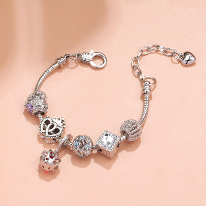 Hollow-out Rhinestone Heart Flower Charm Bracelet(Silver,19cm) - Image 2