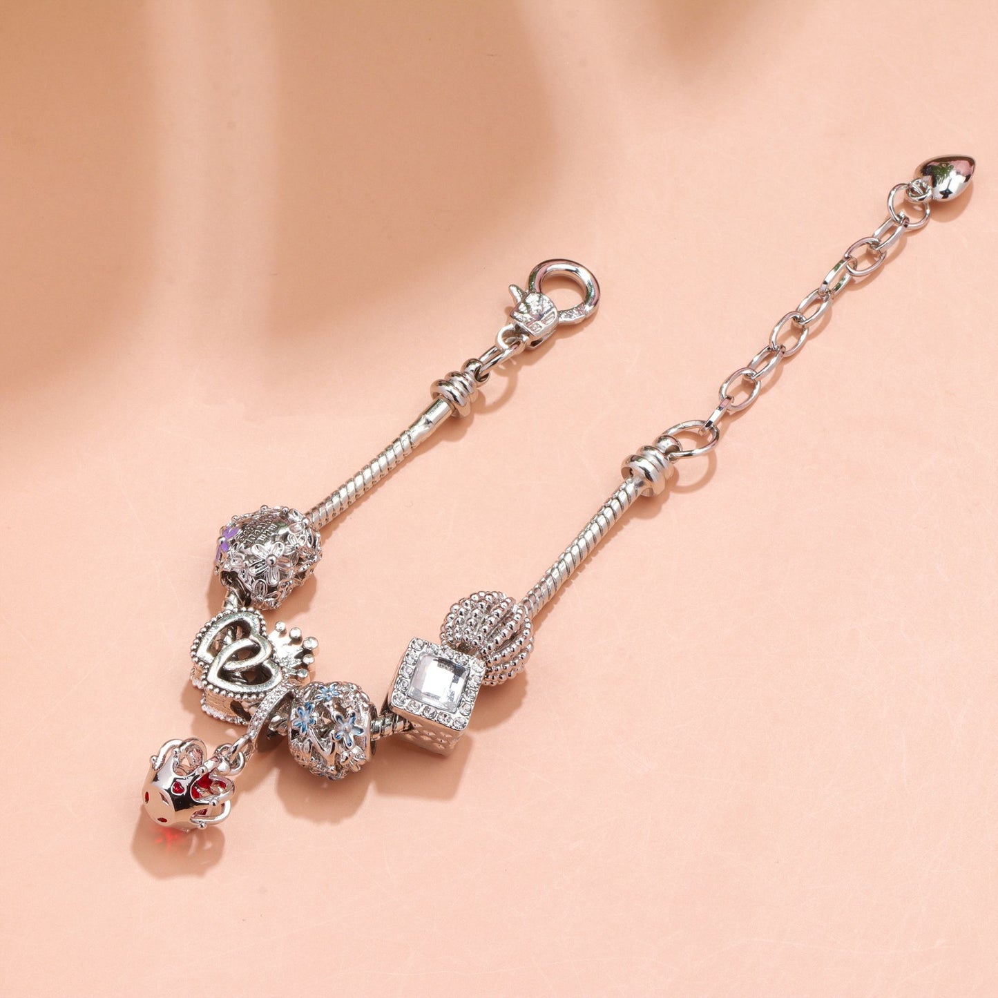 Hollow-out Rhinestone Heart Flower Charm Bracelet(Silver,19cm) - Image 4