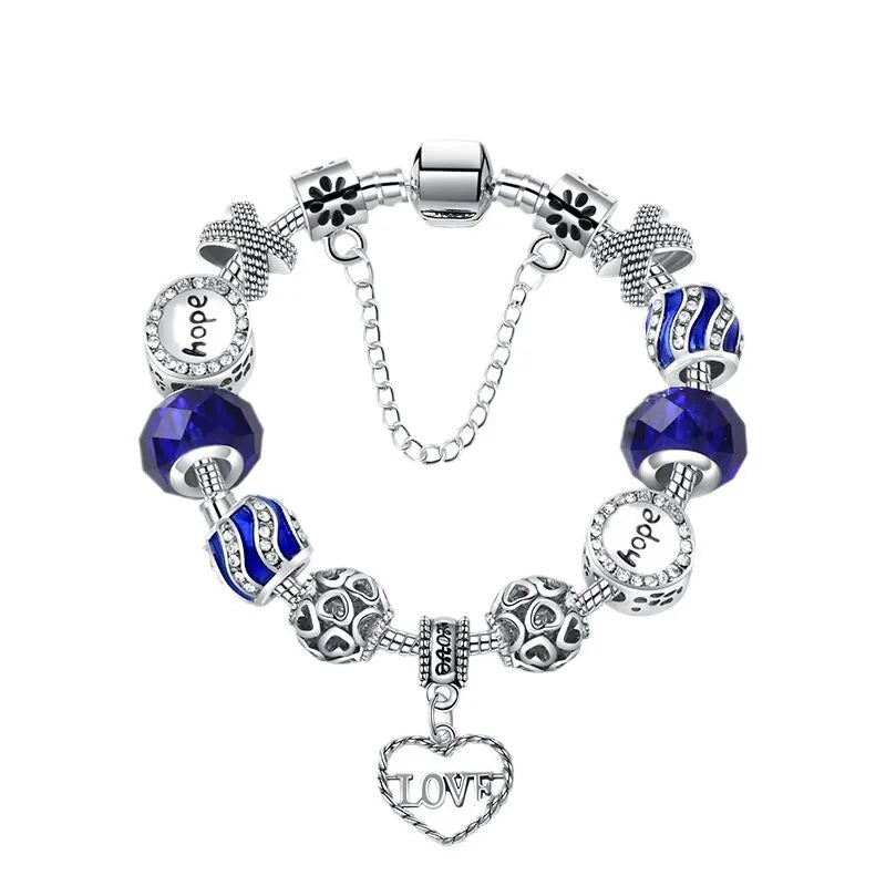Romantic Love Heart Pendant Bracelet with Rhinestones, Glass Beads(21cm)