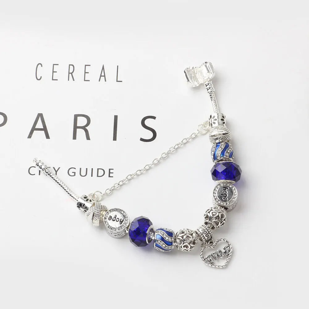 Romantic Love Heart Pendant Bracelet with Rhinestones, Glass Beads(21cm) - Image 3