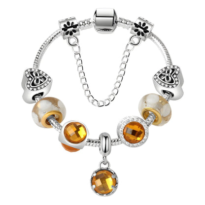 Yellow Zircon Heart Glass Beaded Bracelet with Rhinestones(18cm)