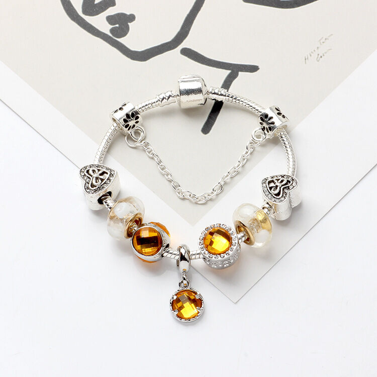 Yellow Zircon Heart Glass Beaded Bracelet with Rhinestones(18cm) - Image 2