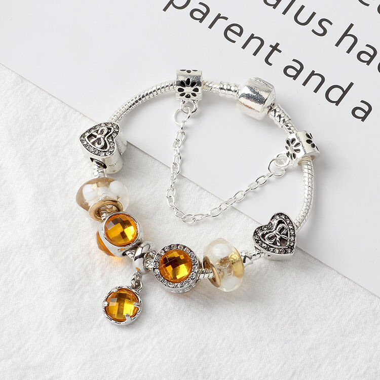 Yellow Zircon Heart Glass Beaded Bracelet with Rhinestones(18cm) - Image 3